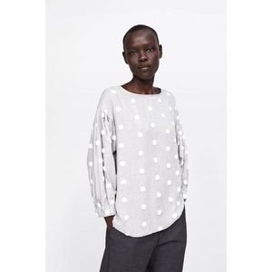 ZARA Puff Sleeve Grey Top with White Polka Dots